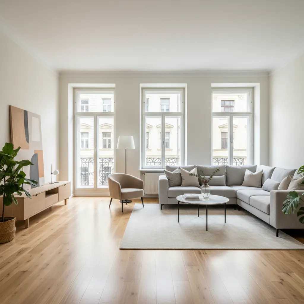 Renovated Vienna living room with natural light