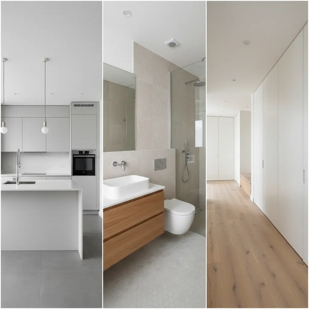 Collage of renovated kitchen, bathroom, and hallway